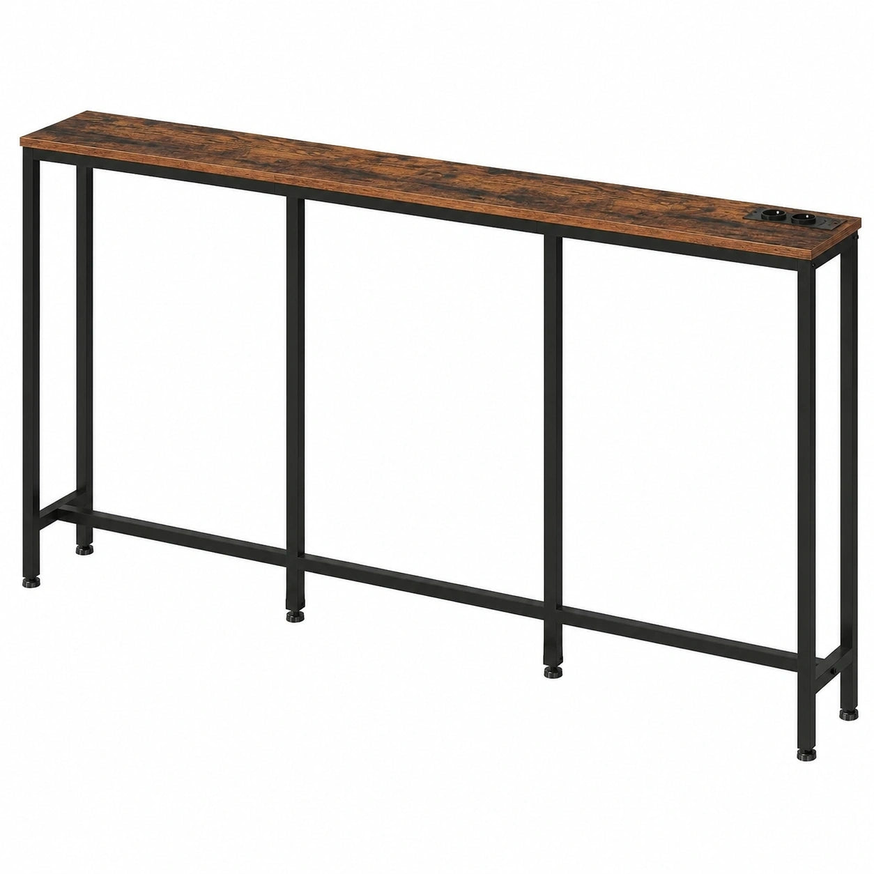 Industrieller Konsolentisch mit Ladefunktion, 160cm, Schmaler Beistelltisch mit 2 Steckdosen und USB-Anschlüssen, Vintage Braun und Schwarz