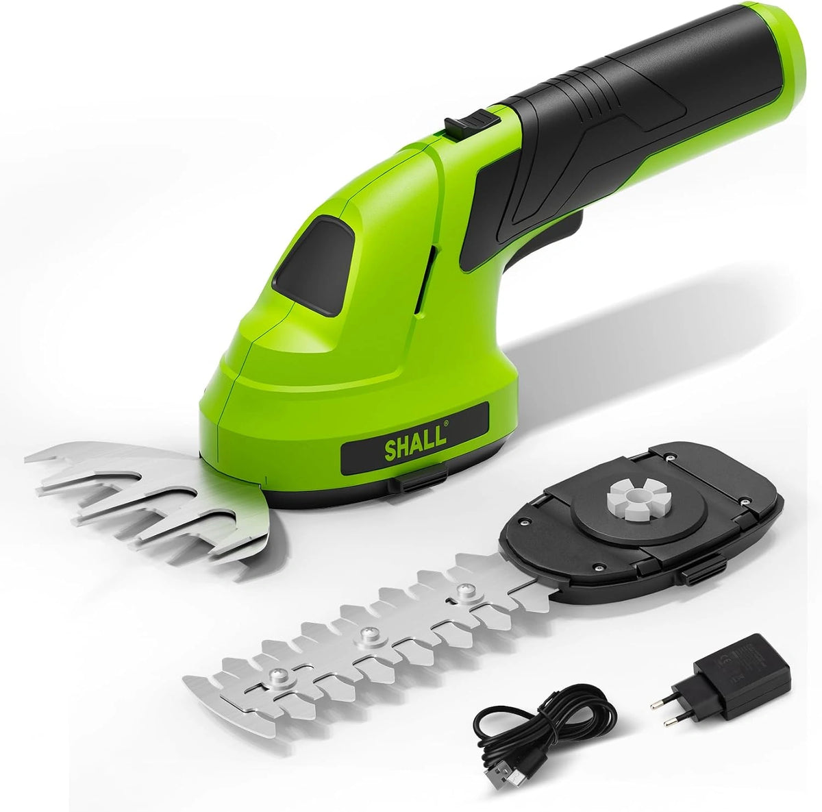 SHALL 2-in-1 Draadloze Elektrische Heggenschaar en Grasschaar, 7,2V Accu met 2 Messen, Handgrastrimmer voor Struiken, Gazon en Tuin, Groen