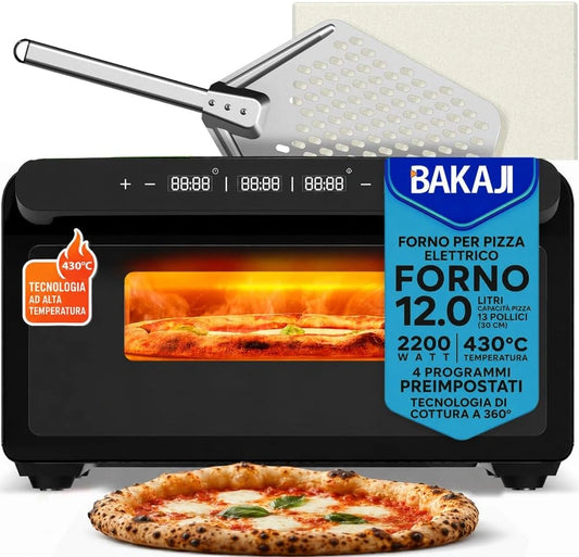 BAKAJI Elektrische pizzaoven, vermogen 2200 watt, vuurvaste steen 32 cm, koken in 3 minuten, homogene warmte 360°, pizzamaker met instelbare timer