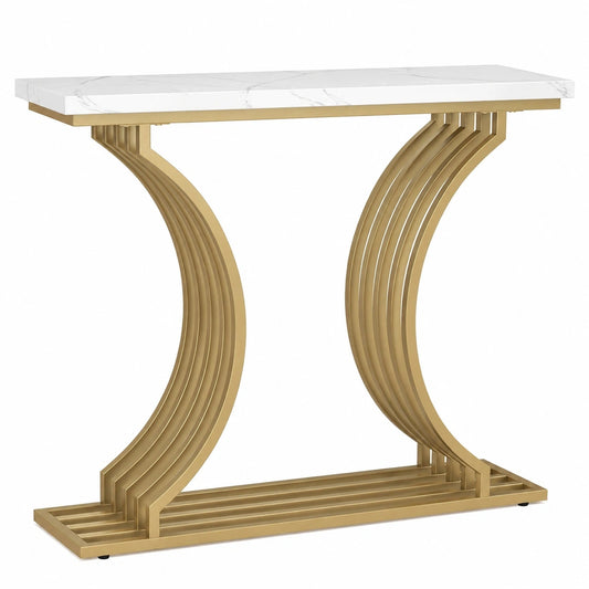 COSTWAY Konsolentisch Gold mit Marmor-Optik und weißer Tischplatte, schmaler Beistelltisch aus Metall für Flur und Wohnzimmer