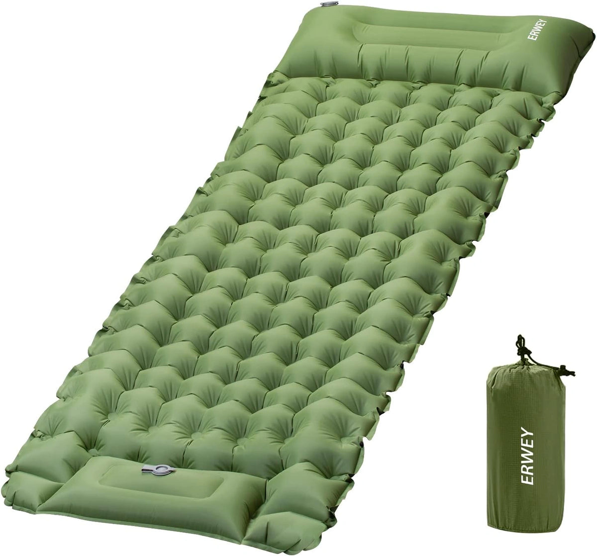 ERWEY Opblaasbare campingmatras 200 x 70 cm met geïntegreerde voetpomp en kussen, ultralichte wandelmatras van waterdicht TPU, voor tent, reizen