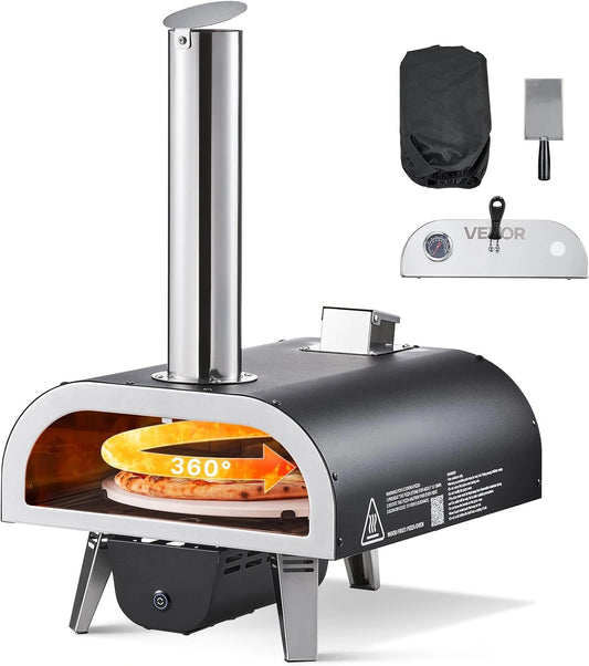 VEVOR Houtgestookte pizzaoven buiten, 30 cm automatisch roterende pizzaovens, draagbare pelletpizzamachine met thermometer en elektrisch roterend