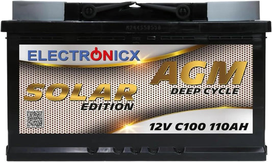 Electronicx AGM voeding batterij Solar uitvoering 12V 110Ah / 110 Ah, deep cycle zonne-accu, onderhoudsvrij & verzegeld, 315×175×190 mm