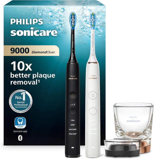 Philips Sonicare DiamondClean 9000 elektrische tandenborstel, sonische tandenborstel met app, druksensor, 4 poetsstanden, oplaadglas, zwart/roségoud