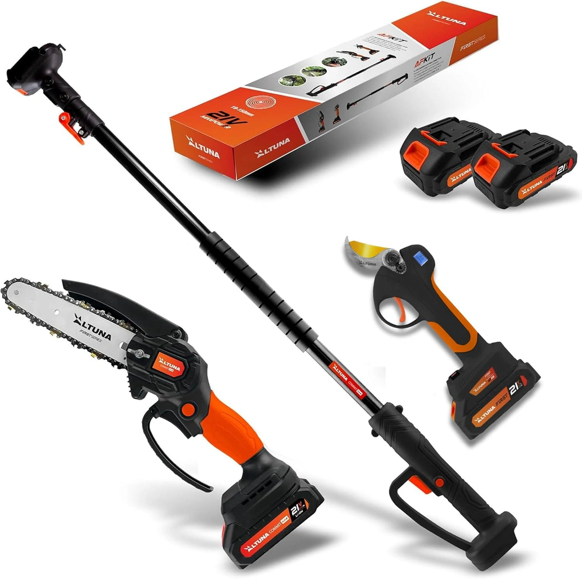Altuna Titanium batterijtakkenset, accu-kettingzaag + elektrische snoeischaar + telescoopstang voor het snoeien tot 3,7 m, inclusief 2 accu's
