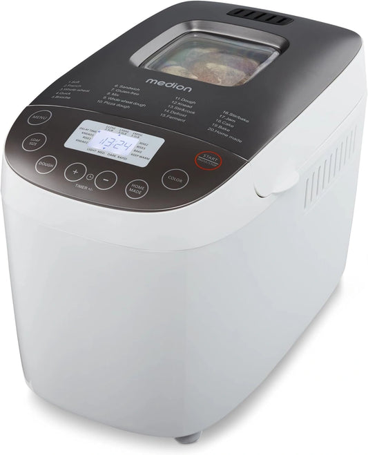 MEDION broodbakmachine (broodbakmachine, 950 watt, tot 1600 g, 20 bakprogramma's, 3 bruiningsniveaus, warmhoudfunctie, kijkvenster, tijdsinstelling