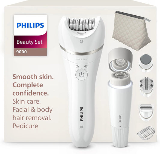 Philips Beauty Set Series 9000, Alles-in-één Set voor Lichaam, Gezicht en Voeten, Snoerloze Epilator, Wet & Dry, met 6 Accessoires, model BRE770/92