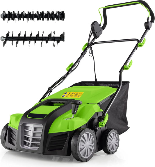 COSTWAY Elektrische verticuteermachine en gazonbeluchter, 41 cm, 15 A 2-in-1 verticuteermachine met 3 standen hoogteverstelling en 5 niveaus