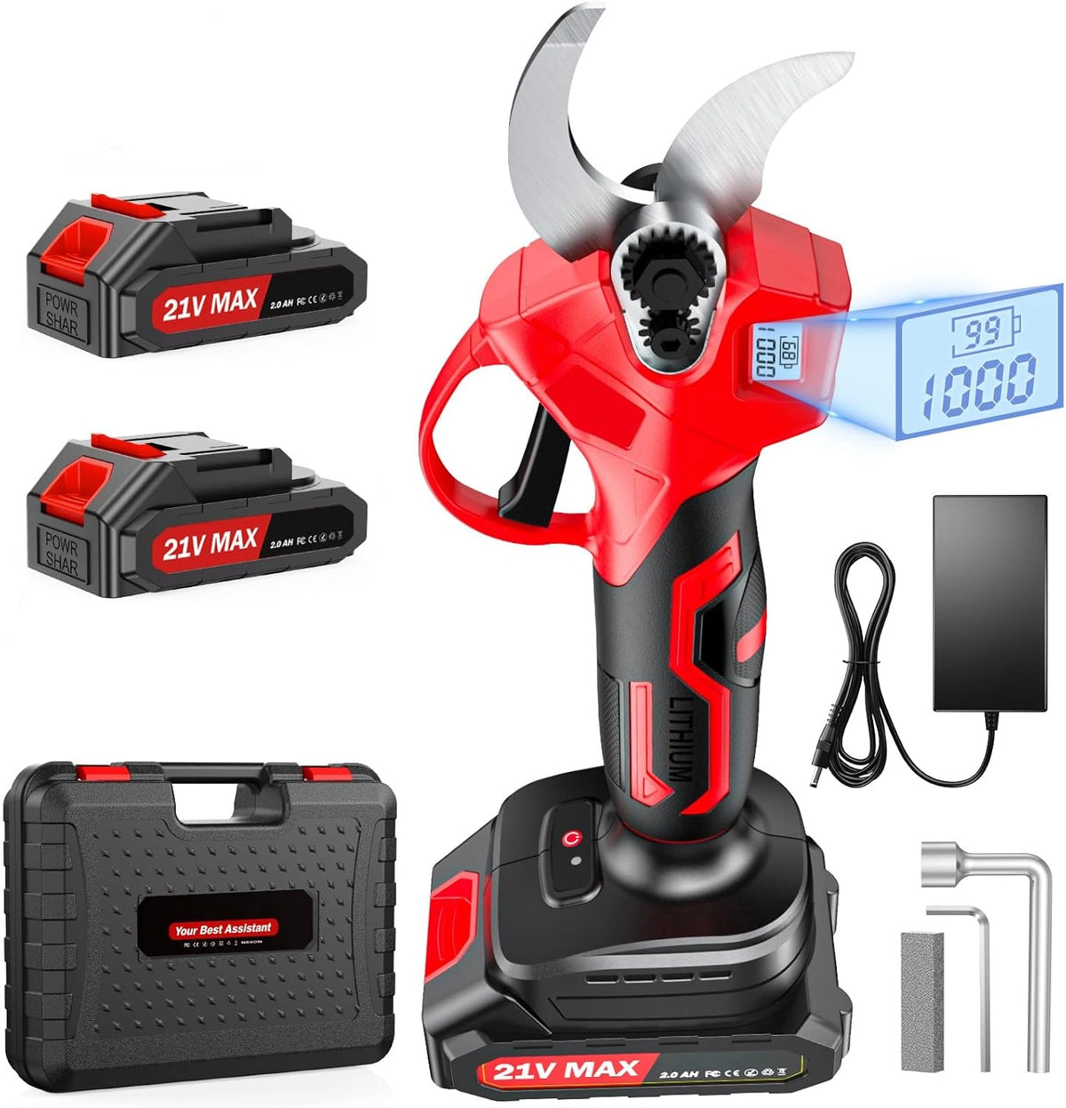 XIAZIR Accu 35 mm Snoeischaar op met borstelloze motor, elektrische tuinschaar met LCD-scherm, 2× 21V 2000mAh batterijen en SK5-stalen mes