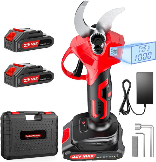 XIAZIR Accu 35 mm Snoeischaar op met borstelloze motor, elektrische tuinschaar met LCD-scherm, 2× 21V 2000mAh batterijen en SK5-stalen mes