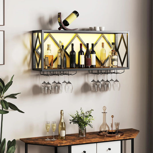 COSTWAY Wandwijnrek met LED-verlichting, 2-laags flessenrek van hout met metalen frame, met 6 rijen wijnglashouders, industrieel design