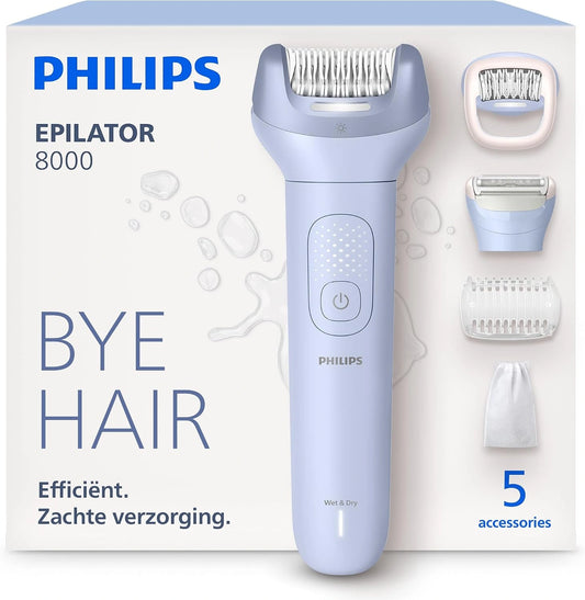 Philips Epilator Series 8000, Draadloos Wet & Dry Elektrisch Epileerapparaat, Haarverwijdering voor Benen en Lichaam, met ProGuide, 5 Accessoires