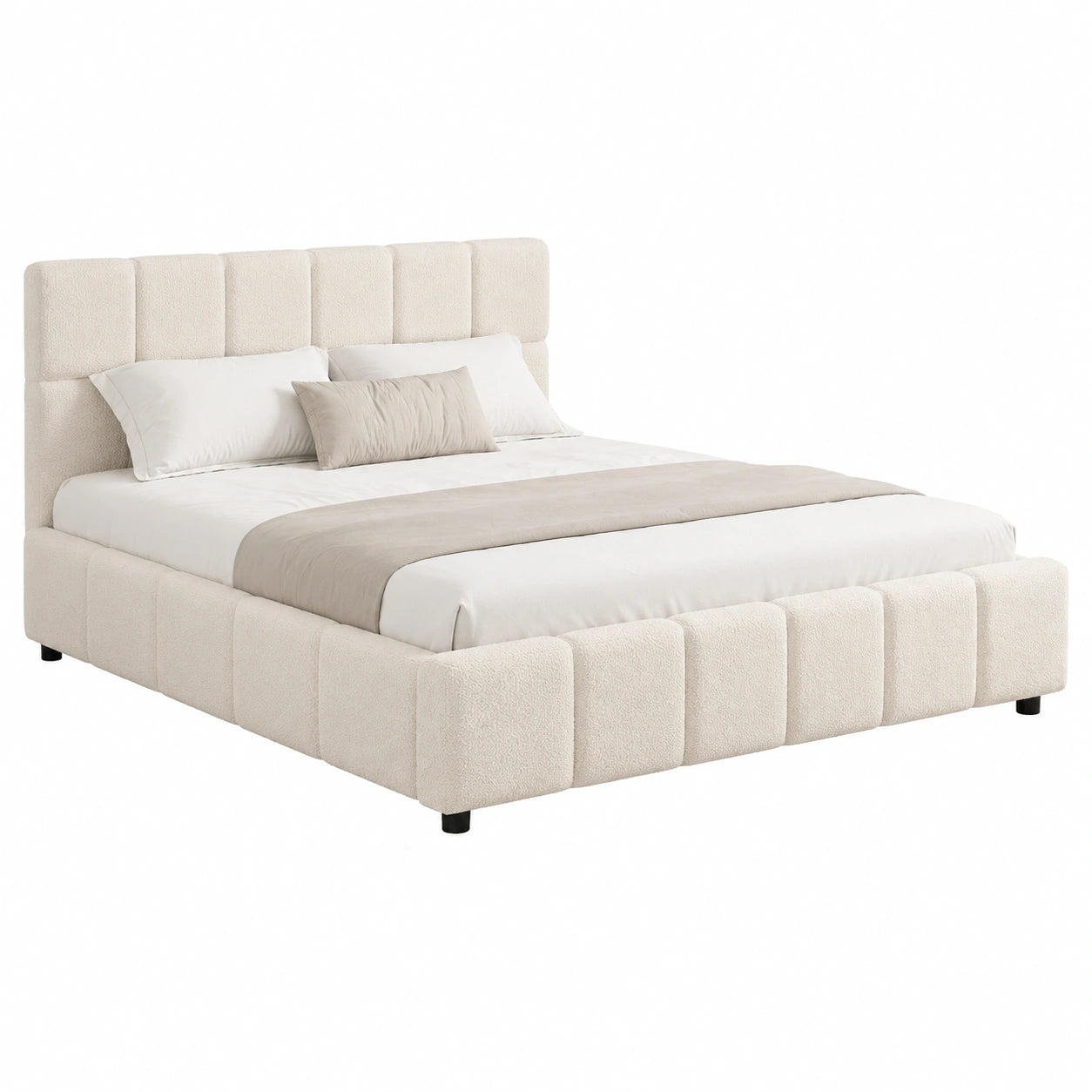 Modernes Polsterbett Florenz 140x200 cm – Bouclé Design, stabile Holz- und Metallkonstruktion mit Kopf- & Fußteil, Lattenrost, bis 500 kg belastbar – Creme