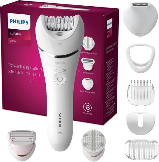 Philips Epilator 8000 serie, Geschikt voor benen en lichaam, 2 Snelheidsinstellingen, Draadloos nat en droog gebruik, Ingebouwde verlichting