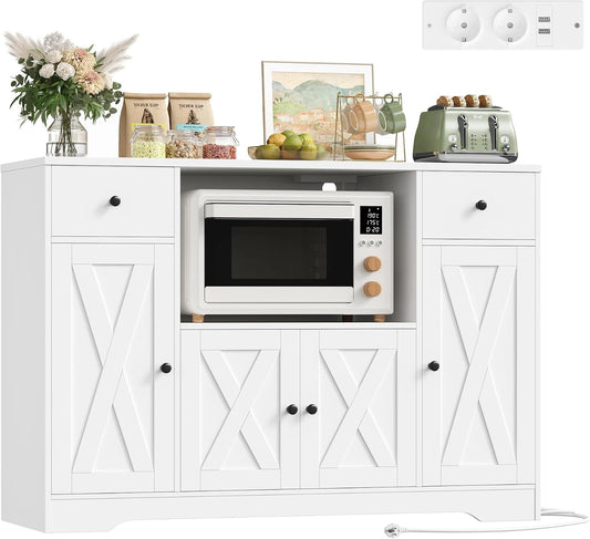 HOCSOK 120 cm dressoir keuken, keukenkast met stopcontact, magnetronrek, wit