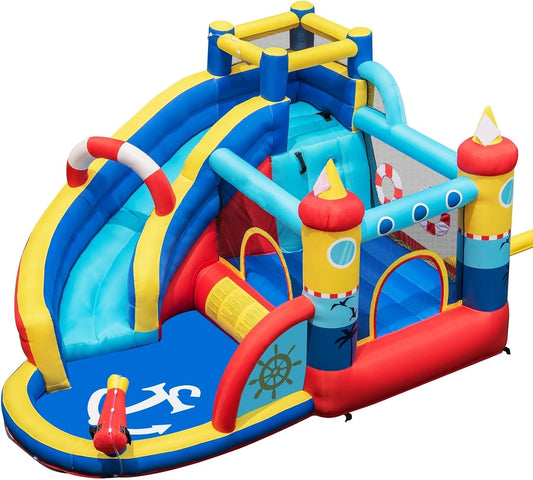 LIFEZEAL Springkasteel voor kinderen van 3 tot 12 jaar, waterpark met veiligheidsnet, glijbaan, trampoline, zwembad, waterkanon