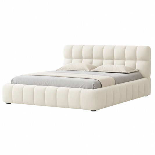 Polsterbett 140x200 cm mit Kopfteil und Lattenrost, Jugend- und Gästebett, Leinenstoff Beige