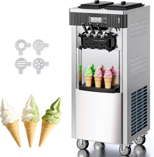 Commerciële ijsmachine, 20-28 l/u, 2200 W, 3 smaken, Italiaanse ijsmachine, Tremie, led-paneel met automatische reiniging, professionele nachtkoeling