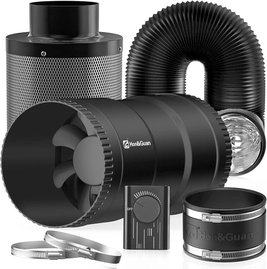 Hon&Guan 100 mm 221 m³/h ventilatieset, inclusief ventilator met instelbare snelheid, koolstoffilter, flexibele slang, rubberen aansluiting