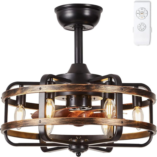 Plafondventilator met Verlichting Industriële Retro, Zwarte Metalen Kooi, Stille 3 Snelheden Reversibel Plafondventilator met Afstandsbediening