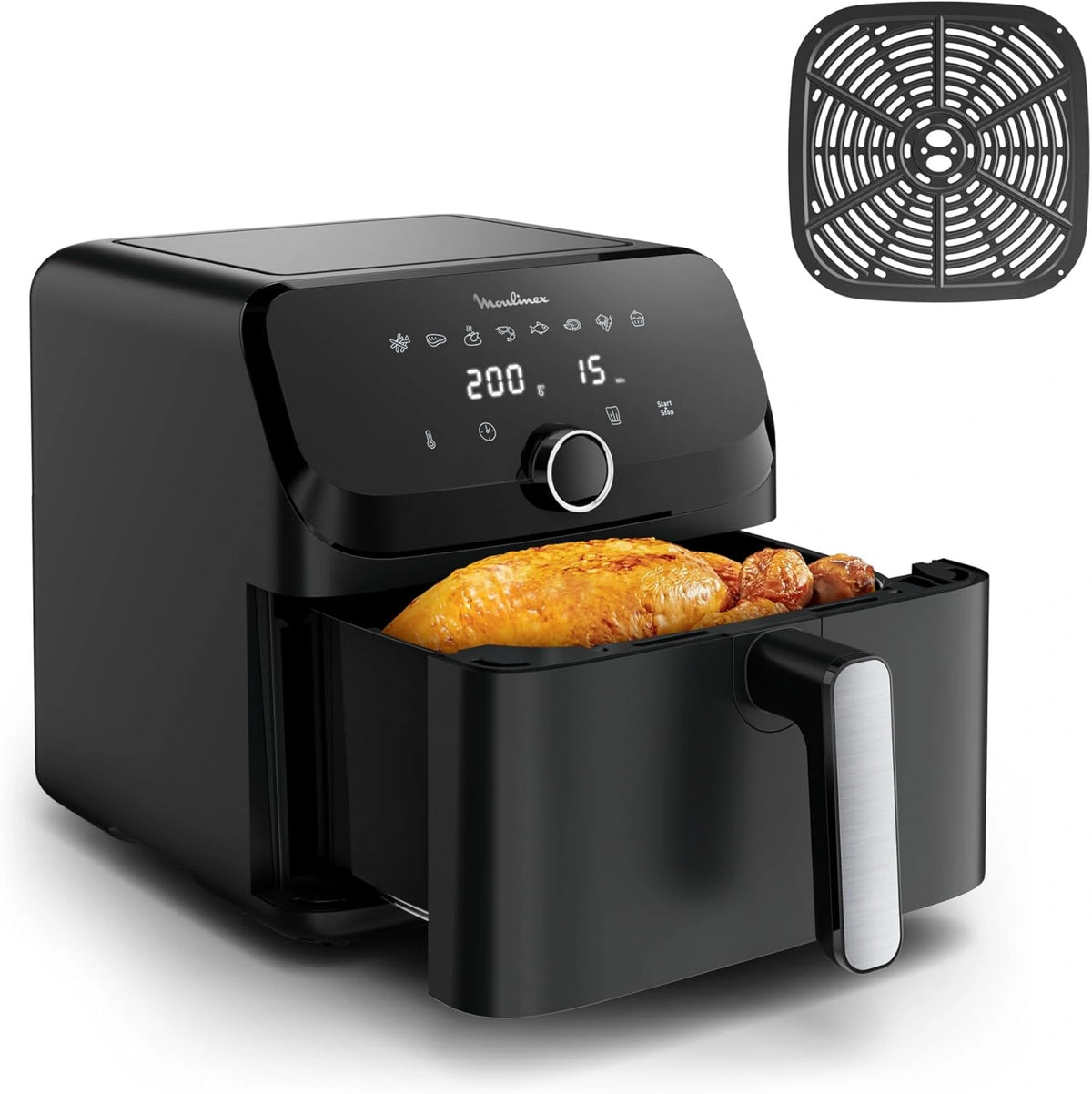 Moulinex Easy Fry Mega EZ8558 Luchtfriteuse, 7,5 liter, laag energieverbruik, voor gezinnen, mand met antiaanbaklaag, compact design, 8 modi, zwart