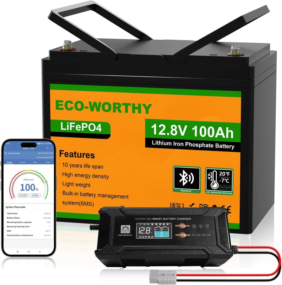 ECO-WORTHY LiFePO4 Bluetooth 12 V 100 Ah met 12/24 V 20 A oplader, lithiumbatterij 12 V 100 Ah met BMS lage temperatuurbescherming voor camper, boot