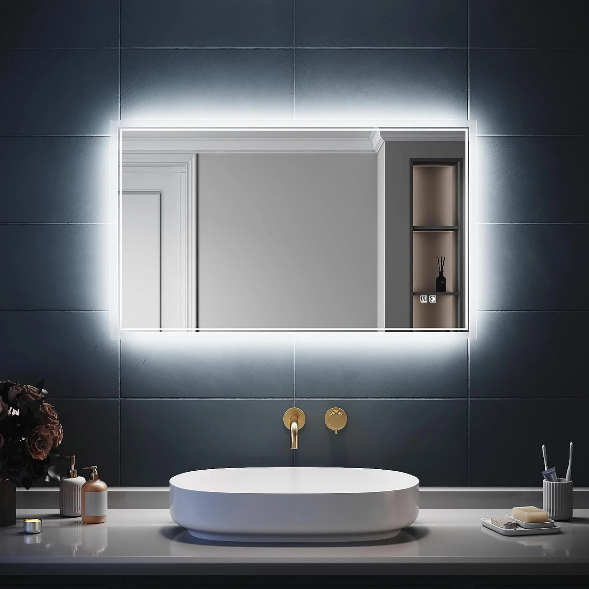 SIRHONA Badkamerspiegel met verlichting, spiegel met aanraakbediening, anti-condens, 3 kleurtemperaturen, dimbaar, geheugenfunctie