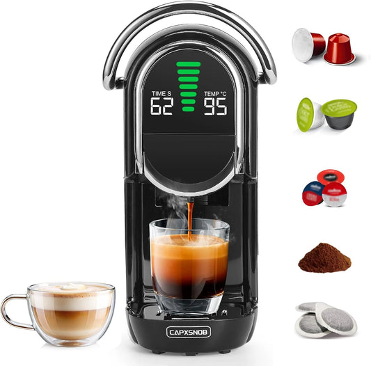 Magician1 Mini 5-in-1 Koffiecupmachine voor Nespresso, Dolce Gusto, Lavazza A Modo Mio, ESE 44mm Pads & Gemalen Koffie, 20 Bar, 1450W, LED-scherm