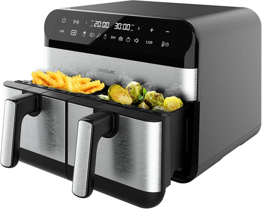 Cecotec Digitale Airfryer van 9 liter, Airfryer Cecofry Advance 9000 Inox. 2800W, 2 Bakken van 4,5 liter, Duale Temperatuur