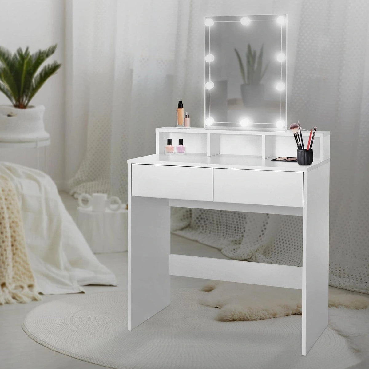 ML-Design Kaptafel Met LED Verlichting, Spiegel en 2 Laden, 80 x 40 x 140 cm, Wit, Modern, Cosmeticatafel Met 3 Open Vakken, Make-up Tafel