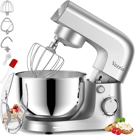 Vezzio mixer, 4,5 liter, 1500 W, 10 snelheden, keukenmachine om te bakken (zilver) (zilver)