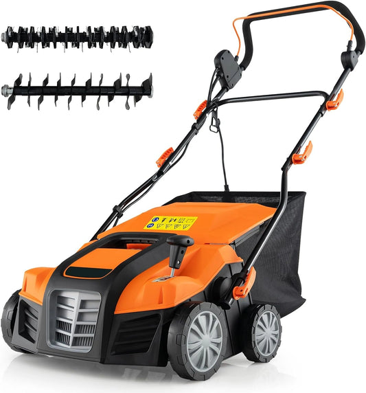 COSTWAY Elektrische 2-in-1 verticuteermachine, 41 cm, 15 A, 3 standen hoogteverstelling, 5 niveaus werkdiepte, inklapbare GEH-gazonventilator, 55 l