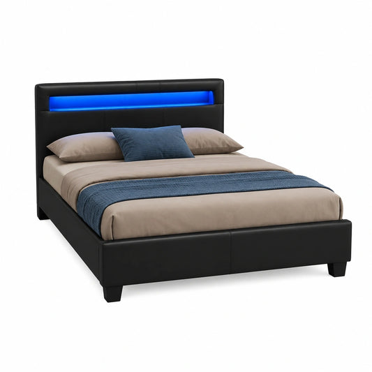 CARO-Möbel Polsterbett 120x200 cm Schwarz mit LED-Kopfteil und Fernbedienung, Jugendbett aus Kunstleder mit Lattenrost