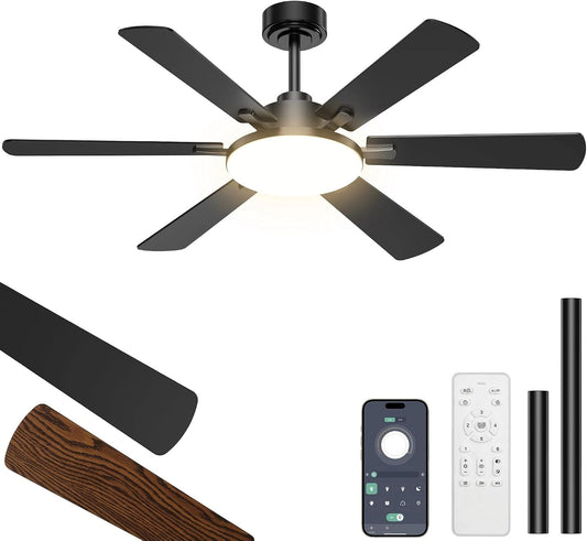 Plafondventilator met verlichting, 132 cm, 6 bladen, plafondventilator met afstandsbediening, gelijkstroommotor, stil, omkeerbaar, 6 versnellingen