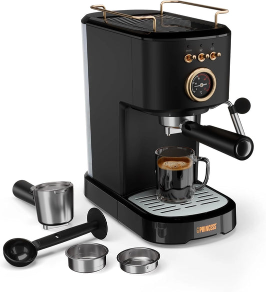Princess Espresso Machine, 1100W, 20-Bar Druk, Kopjeswarmer, Stoompijpje, 1,2 liter Waterreservoir, Voor Koffie, Pads en Capsules
