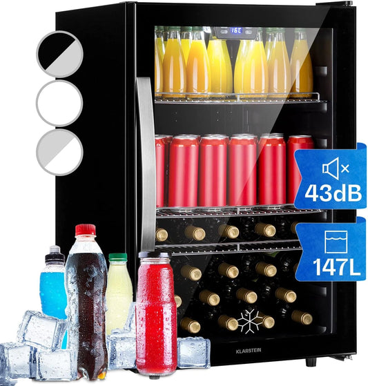 Klarstein Beersafe Drankkoelkast, 147 l, koelkast met glazen deur, ledverlichting, afneembare metalen planken, stil, voor dranken en blikjes, zwart