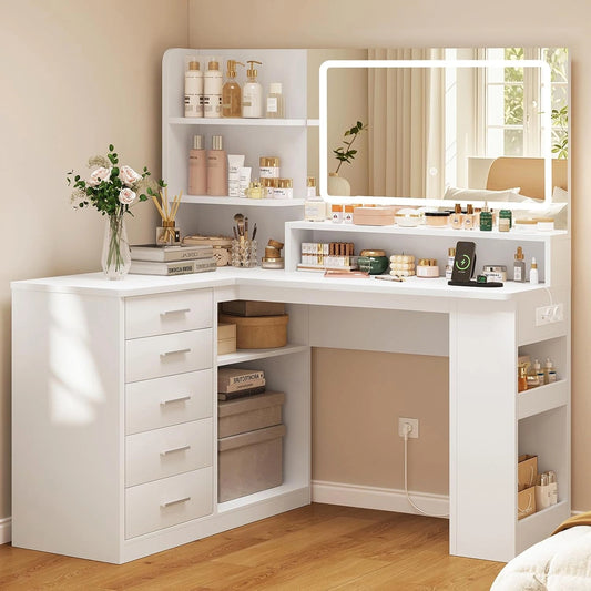 TEENFON Kaptafel, Kaptafel met LED-spiegel, 10 lampjes, 3 kleuren en instelbare helderheid, L-vormige make-uptafel met stopcontact, 5 lades