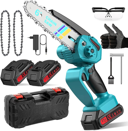 Mini-kettingzaag met accu, 6 inch accu, kettingzaag met motor en 6000 mAh accu's, met 2 kettingen en veiligheidsvergrendeling, handkettingzaag