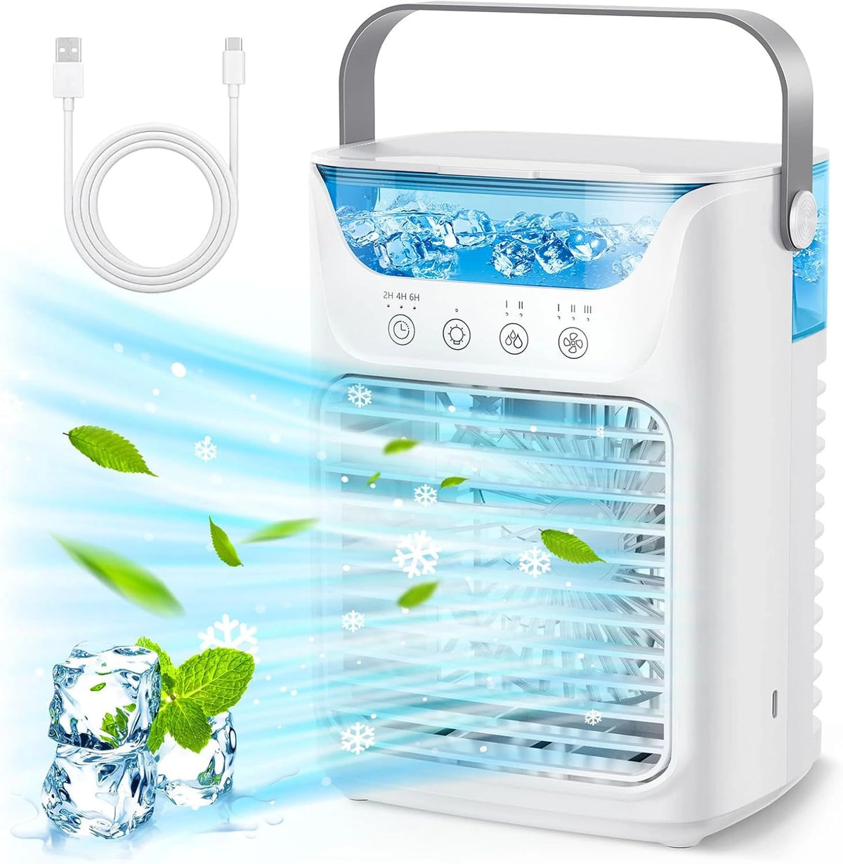 Sxhlseller Draagbare4 in 1, 700 Ml Verdampingsmini-luchtkoelerventilator met aanraakscherm, 3 Snelheden Bevochtigen en 7 LED-licht, 2-6H Timer