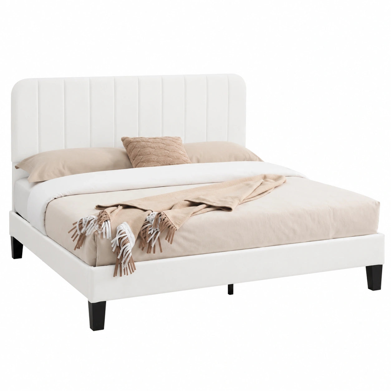 VECELO Doppelbett 140x200 cm mit verstellbarem Kopfteil, Samtbezug und massivem Lattenrost, einfach zu montieren, ideal für Schlafzimmer und Gästezimmer, Weiß