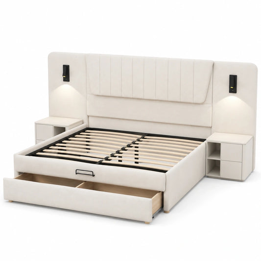 Komfortables 180x200cm Polsterbett mit USB-Ladefunktion und Leselampe, Stauraum und samtigem Beige-Bezug