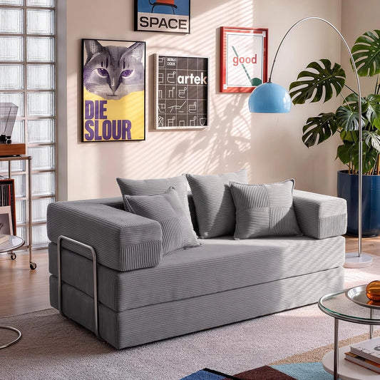 YINIX Opvouwbare slaapbank, 160 cm breed, modulaire vloerbank, corduroy, met metalen frame, logeerbed, 2-zits, opvouwbaar en antislip, wasbaar, grijs
