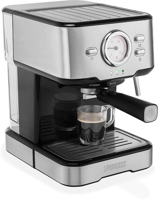Princess 249412 Espressomachine, Met melkopschuimpijpje voor cappucino en latte macchiato, 2 kopjes, zwart