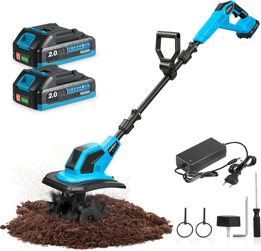 Yofidra Draadloze Tuinfrees/Cultivator, 600W Elektrische Tuinfrees met 23 cm Werkbreedte, 17 cm Werkdiepte, 2x 2,0 Ah Accu's