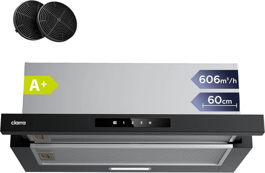 CIARRA CBCB6909A A+ afzuigkap 60 cm onderbouw-600 m³/u met 3 snelheden Touchbediening-Afvoer en recirculatie afzuigkap met koolstoffilter