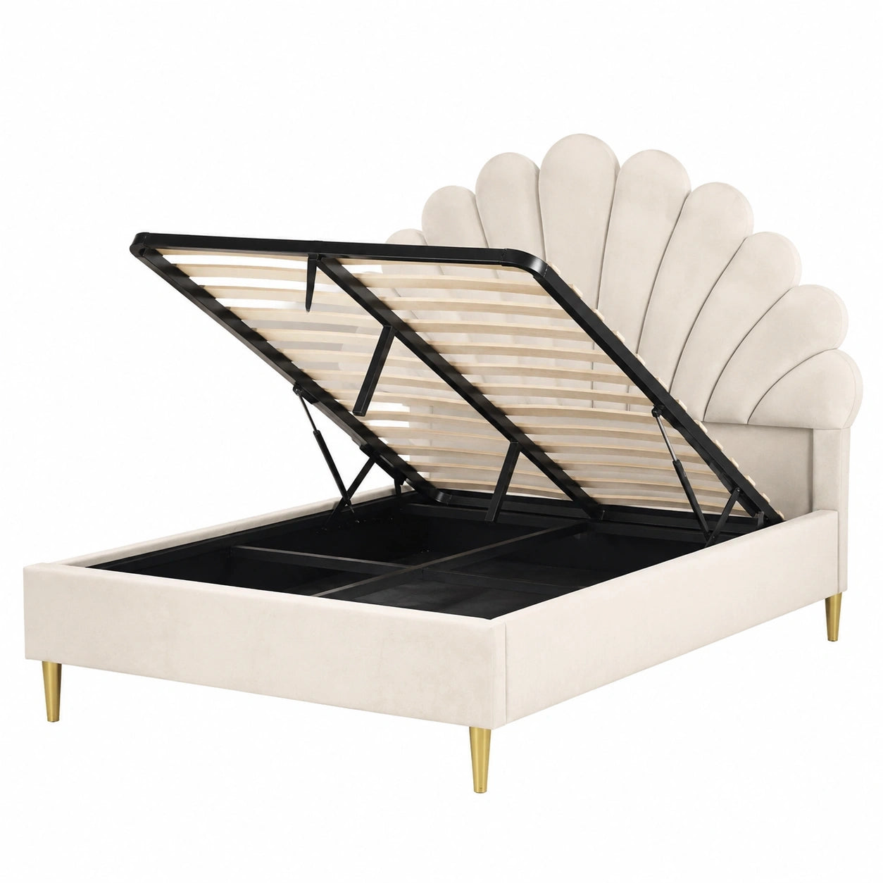 Elegantes Polsterbett 140x200 cm aus Samt mit floralem Muschel-Kopfteil, inkl. Lattenrost, Beige