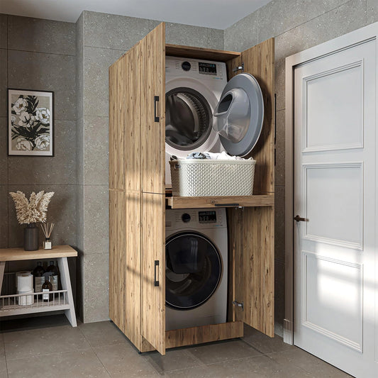 ROOMART Dora Wasmachinekast voor droger en wasmachine, in 4 kleuren, met deuren en schuifplank (eiken), grijs