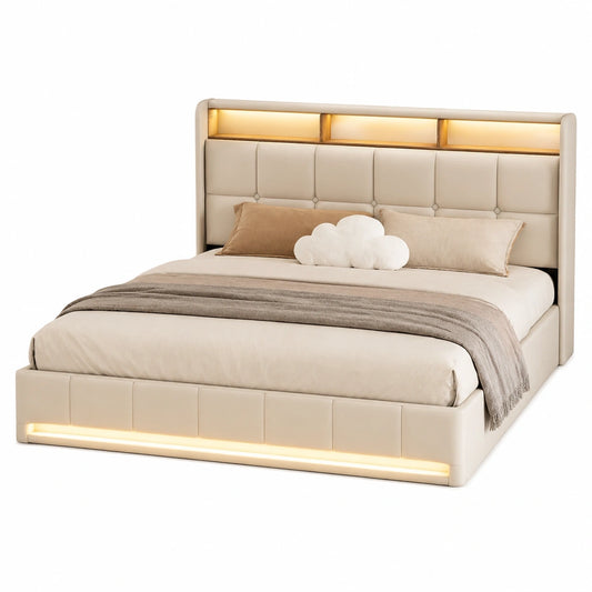 Modernes Polsterbett 160x200 cm mit LED-Beleuchtung und USB-Anschluss, Bettgestell mit Stauraum und Lattenrost, für Jugendliche und Erwachsene, Leinenstoff Beige