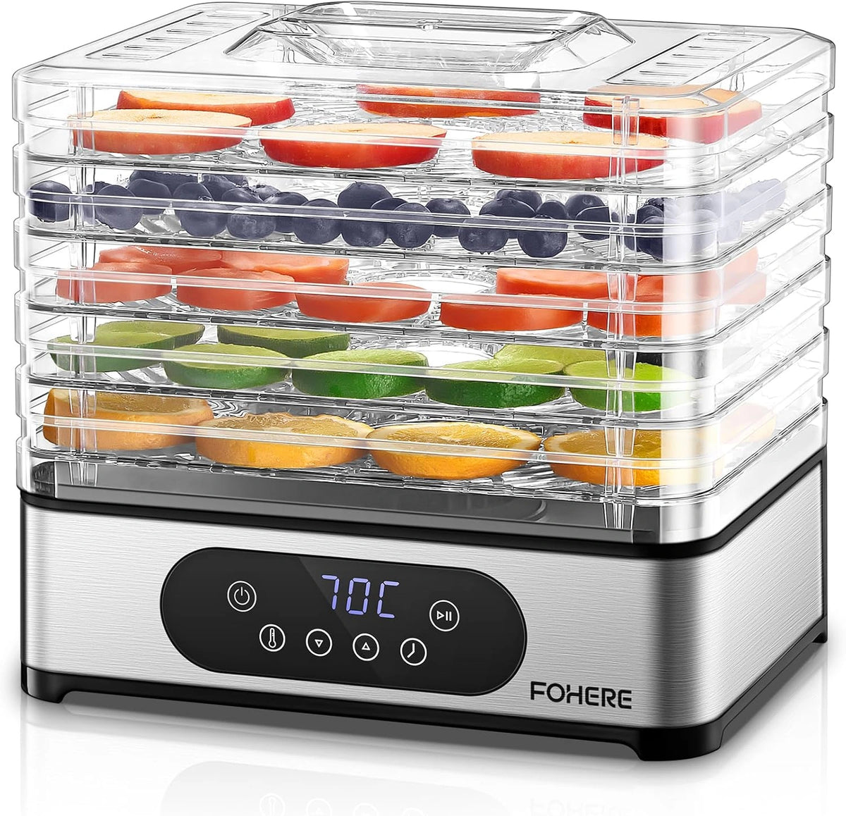FOHERE Voedseldroger 420 W, droger voor levensmiddelen met 5 niveaus, zilver