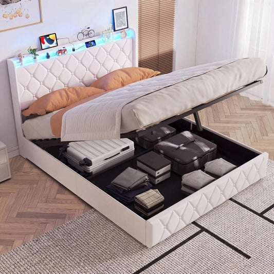 Bed 160x200 met opbergruimte, gestoffeerd bed met LED-verlichting & oplaadstation, hydraulisch opbergbed tweepersoons bedframe met lattenbodem en